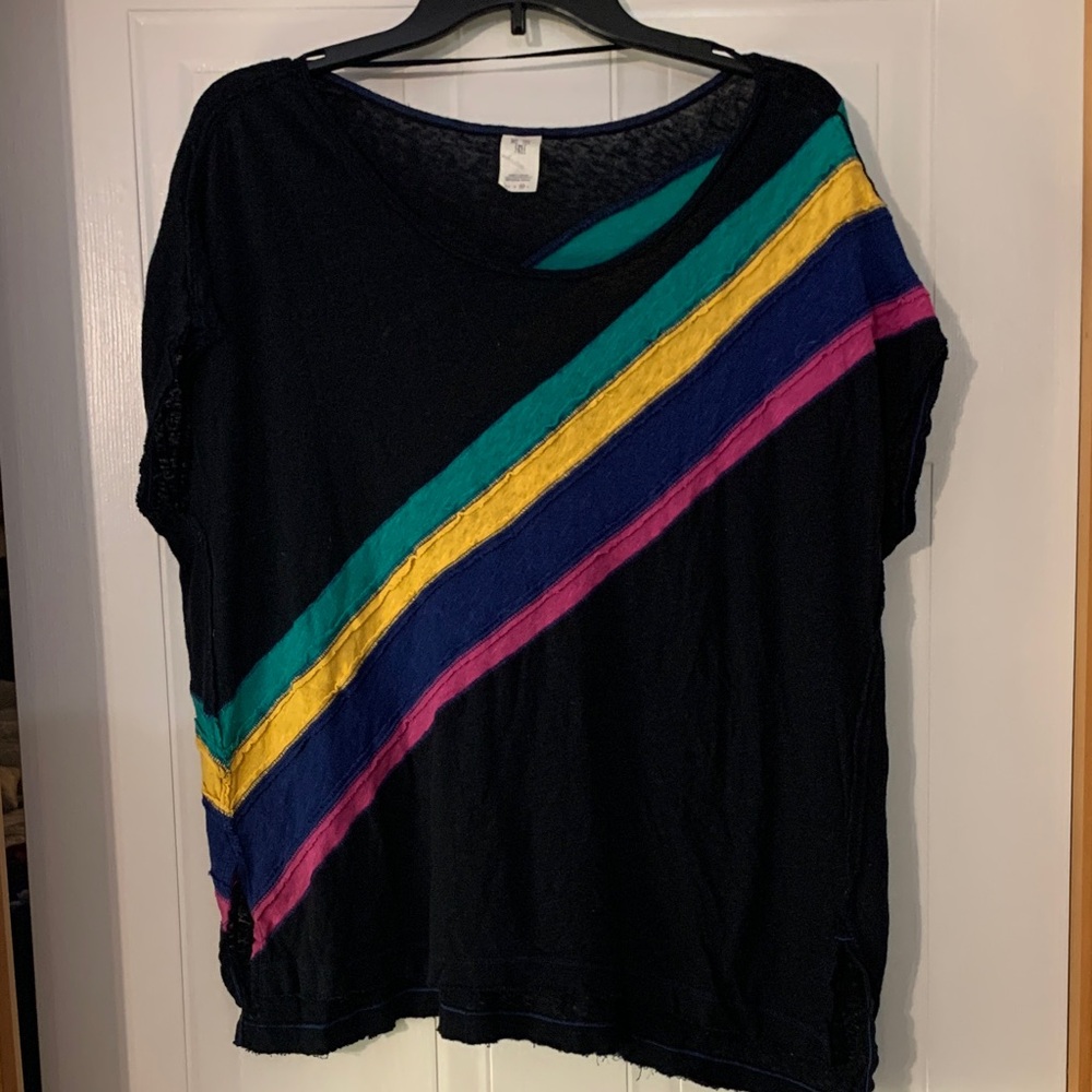 We The Free Black Rainbow Striped Burn Out Linen Blend Tee Sz M - Picture 5 of 8